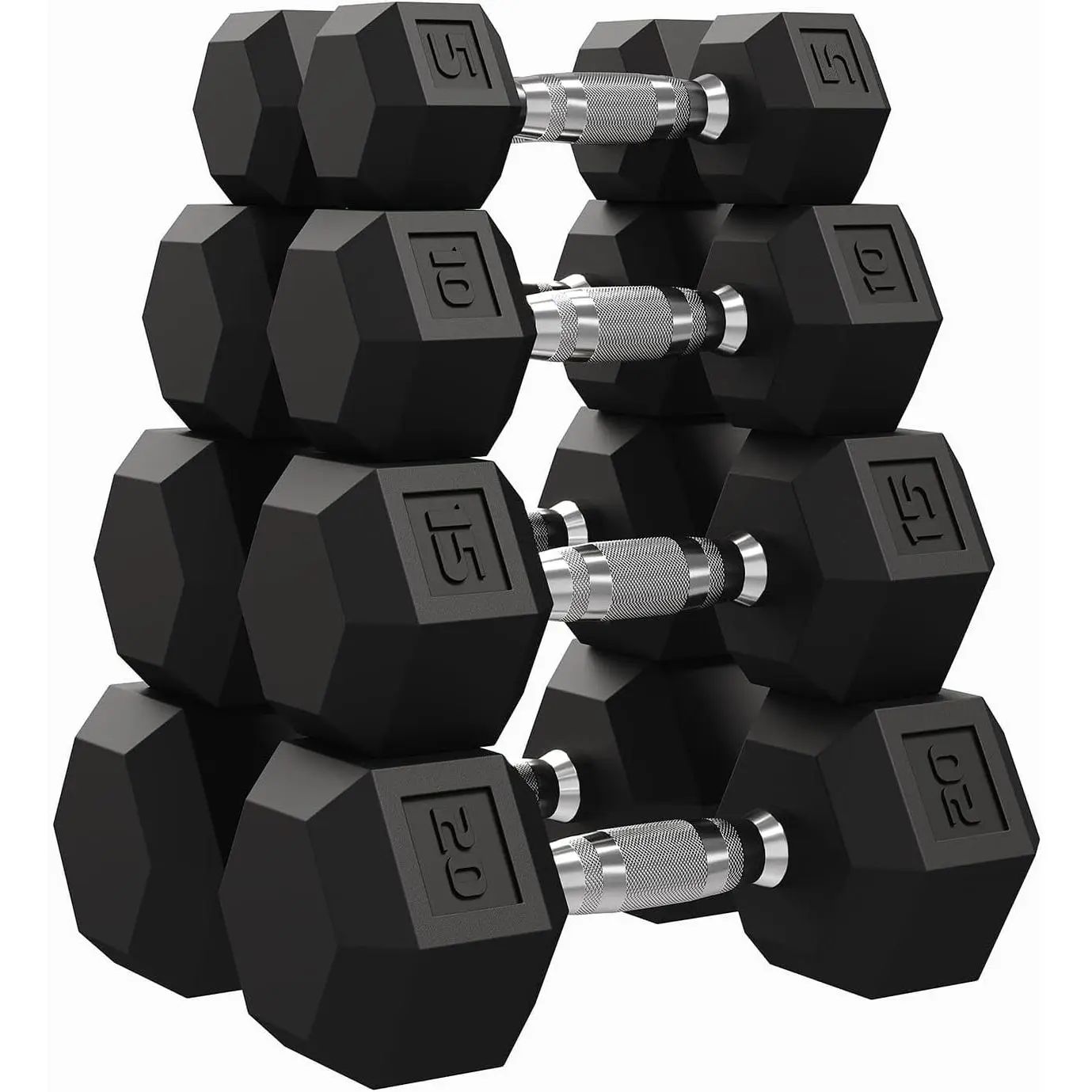 Hex Dumbbell , Hand Weights Dumbbells Pair with Cast Iron Core, Rubber Encased Coating and Textured Carbon Steel Handle, 100LB Set(5LB+10LB+15LB+20LB)x2, Black