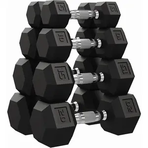 Hex Dumbbell , Hand Weights Dumbbells Pair with Cast Iron Core, Rubber Encased Coating and Textured Carbon Steel Handle, 100LB Set(5LB+10LB+15LB+20LB)x2, Black