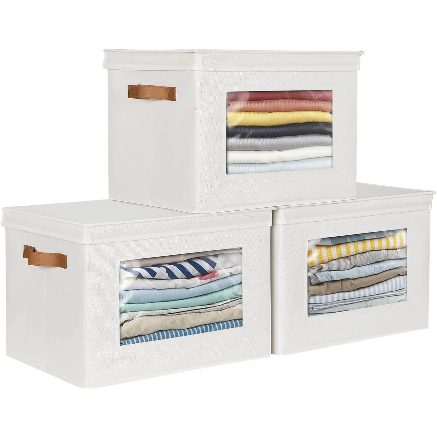 Storage Boxes with Lids Fabric Foldable Storage Bin for Clothes, [3-Pack] Closet Organizer Containers boxes with Handles for Home, Bedroom, Closet Storage (Beige,16.9" x 11.8" x 11.8")