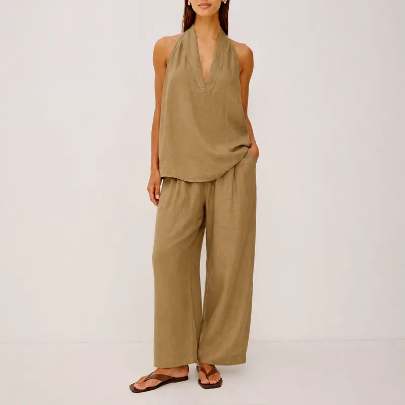 Women's 2-Piece Plain Linen Sleeveless Halter Top & Below-the-Ankle Wide Leg Pants Set, Neutral Tone, Breathable Casual Light Layering, Everyday Elegance Comfortable Womenswear Outfit, Chic, Chic Look, V-Neck, Basic