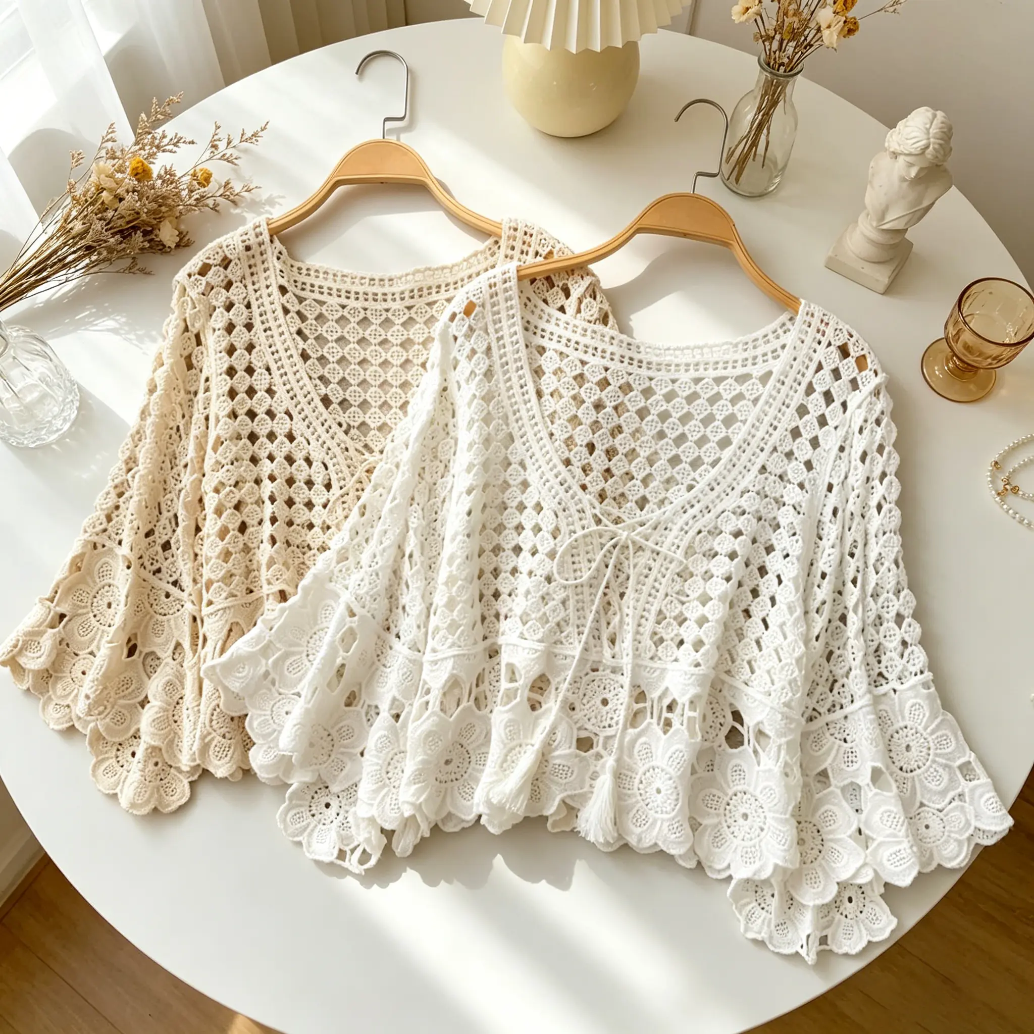 Women's Resort-Style Hollow-Out Crochet Knit Cover Up - Summer Flared-Sleeve Pullover with Tie, Loose Versatile Swimwear Top