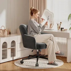 Vanity Swivel Chair with Wheels and Backrest, Adjustable Height Comfy Upholstered Desk Chair, Modern Cute Ergonomic Office Chair, 360° Swivel Leisure Makeup Chair for Bedroom Dressing Room Home Office, Black