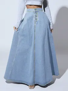 Women's Fashion Casual Washed Long Denim Skirt, Stylish High Waist A-Line Skirt for Daily Wear, Comfortable and Trendy Design