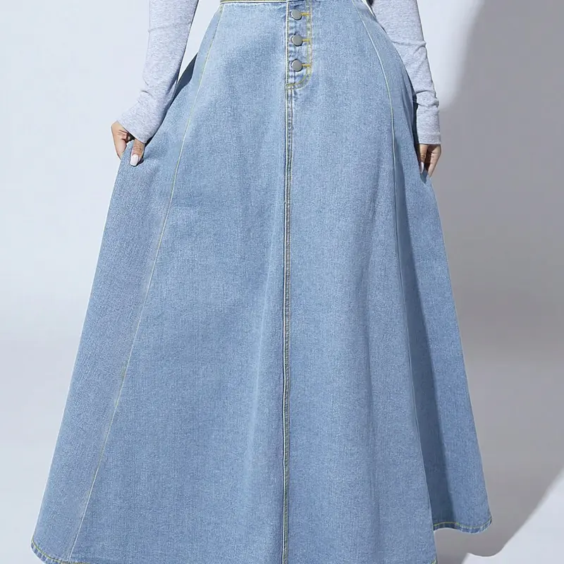 Women's Fashion Casual Medium Wash Long Maxi Denim Button Front Skirt, Stylish Chic Elegant High Waist A-Line Skirt for Daily Wear, Comfortable and Trendy Design