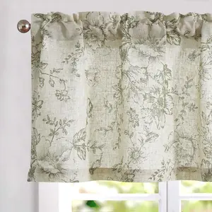 Linen Valance Curtain Farmhouse Sage Green Floral Window Valance for Bedroom, 16 Inch French Country Flower Small Drapes for Kitchen Light Filtering Window Treatments Rod Pocket 1 Panel