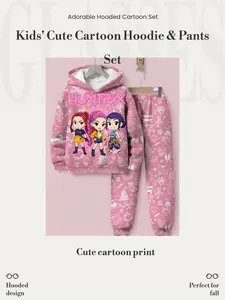 Girls' Spring & Fall Cartoon Hoodie Sweatpants Set, Long Sleeve Fitted Casual, Sweet Cute Two-Piece Clothing