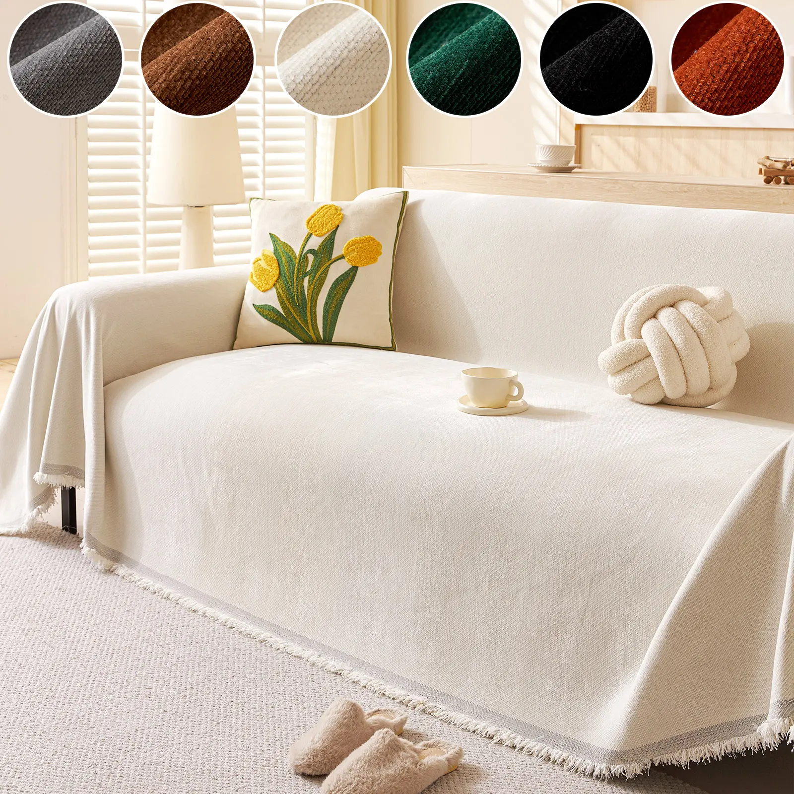 1pc Simple Fringe Edge Sofa Cover, Universal Full Wrap Knitted Washable Couch Cover Sofa Protector, All Seasons Use, Multiple Colors Available, Cover for Couch