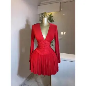 Women Full Sleeve Button High Waist Deep V-neck Pleated Big Swing Dress 2025 Retro Evening Sexy Party Dresses Vestidos