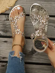 2026 New Rhinestone Flower Slip-On Sandals, Transparent Elastic Back Strap, PU Upper Material, Boho Style, Low Heel, Versatile Shoes