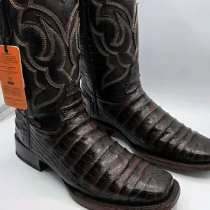 Hooch Men's Chocolate Leather Cowboy Boots with Embroidery and Textured Design, Footwear for Boy