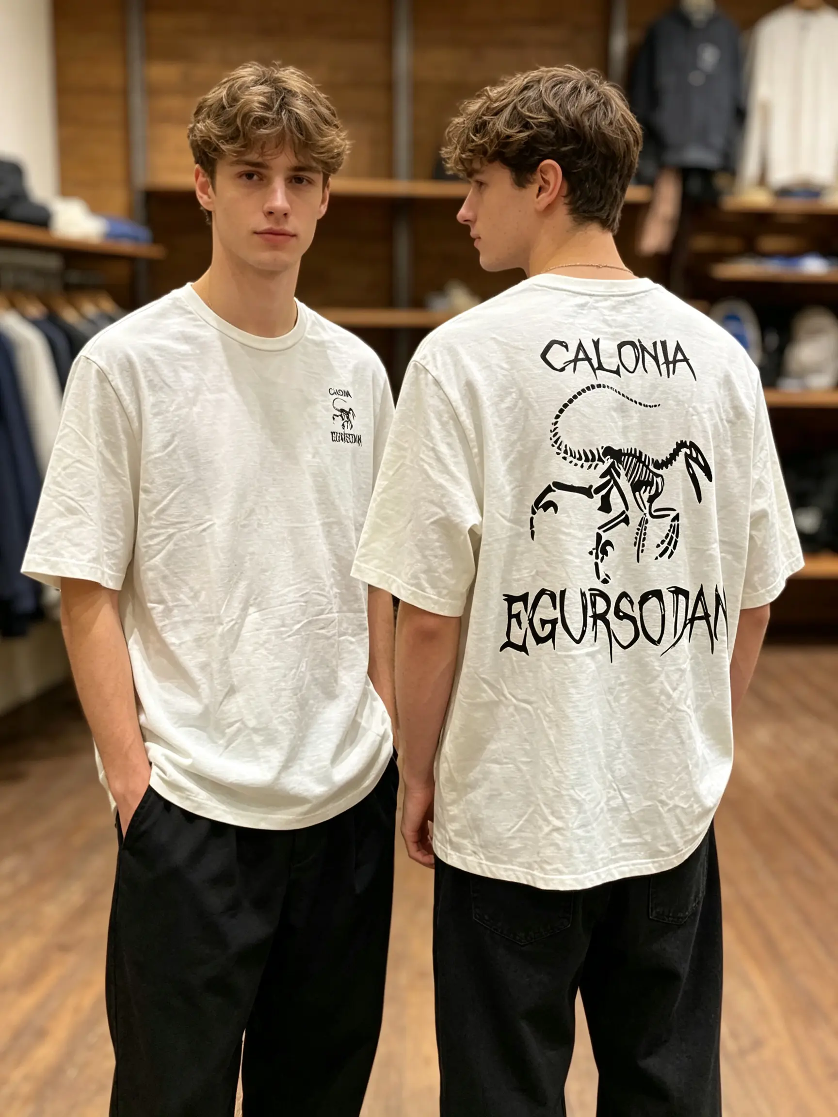 CALONIA EGURSODAN Unique Prehistoric Fossil Graphic Cotton Oversized Graphic Tee Minimalist Dinosaur Fossil Skeleton Line Art Print Double-Sided Design Trendy Summer Streetwear Unisex Vintage Graphic T-Shirt Back To School Outfit Y2K Street Casual Outfit