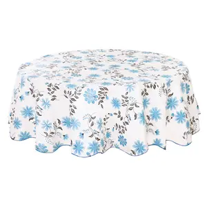Unique Bargains Seamless Water Vinyl Round Tablecloth 71" Dia for Wedding/Restaurant/Parties Tablecloth Decoration Blue Flower Pattern White Floral Printed