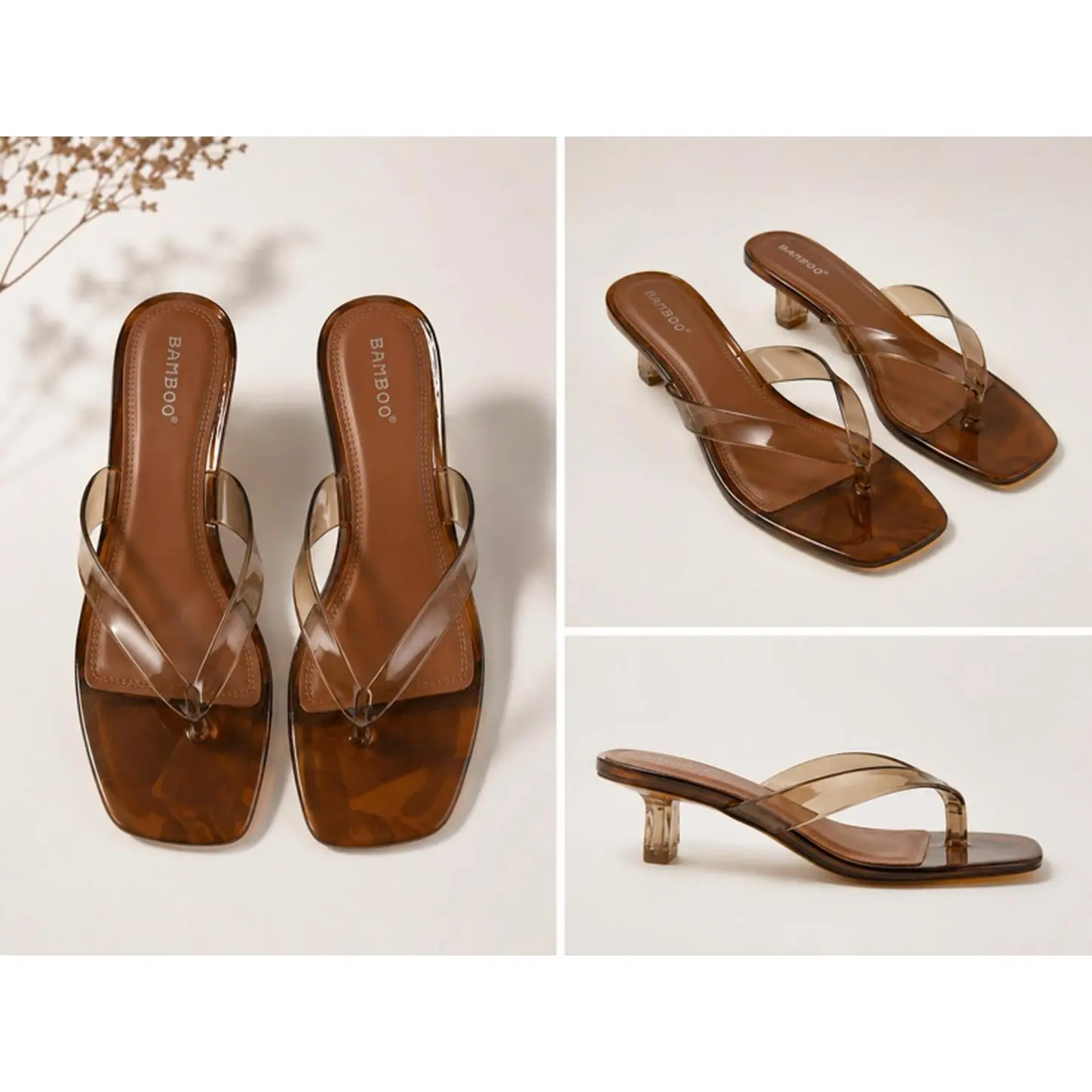 Bamboo Square-Toe Caramel/Tortoise-Inspired Heels with Clear Glossy Straps and Chunky Heel for Dresses Skirts Denim and Casual Looks