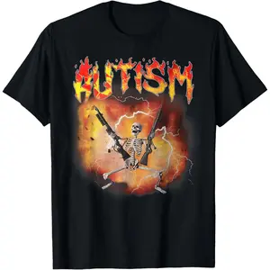 100% Cotton Autistic Funny Meme Skeleton Fire Autism Awareness Vintage T-Shirt
