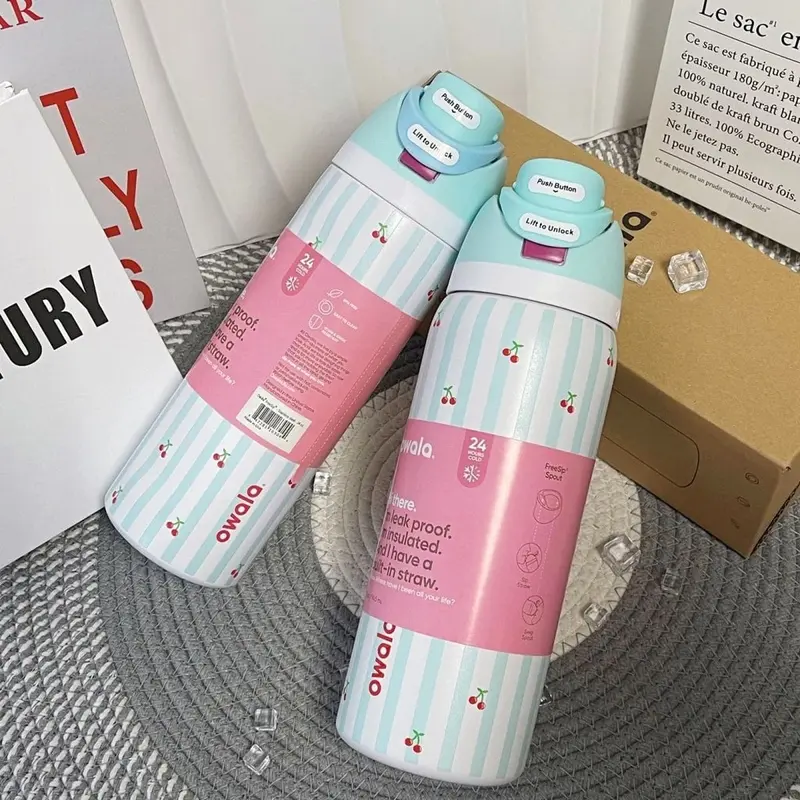 Owala FreeSip Blue Stainless Steel Water Bottle with Cherry Spill-Proof Lid Keeps Cold for 24 Hours Sweet Design