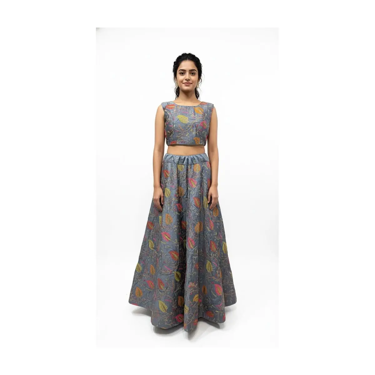 #k7 Grey Embroidered Lehenga Set – Crop Top + Flared Skirt