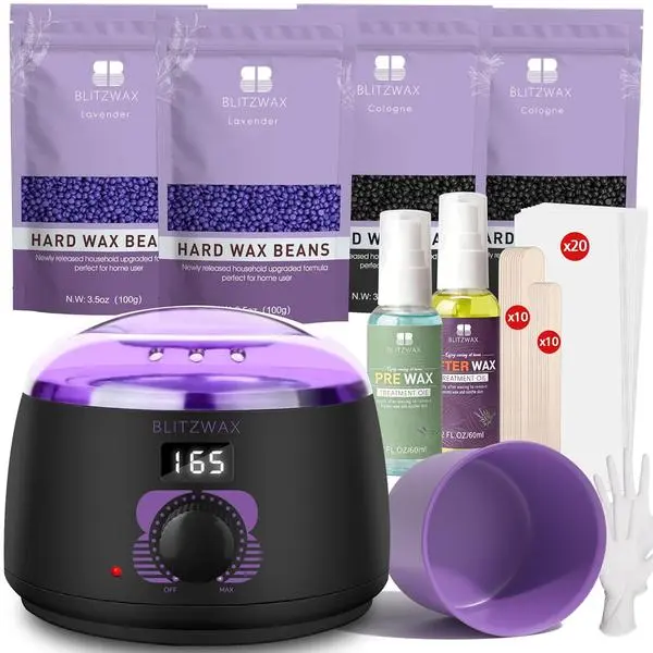 BLITZWAX Brazilian and Bikini Waxing Kit for Women, Hard Wax Warmer for Face, Legs and Body, At Home Hair Removal Kit, Beginner Friendly, Digital Fast Heating, 51 Wax Items