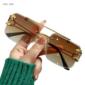Vintage Rimless Sunglasses Viral TikTok Retro Rectangle Shades Luxury Gold Detail Frameless UV400 Fashion Glasses for Driving Brunch Festival Travel Glam Outfit Accessories LED Light Blocking Stickers frame