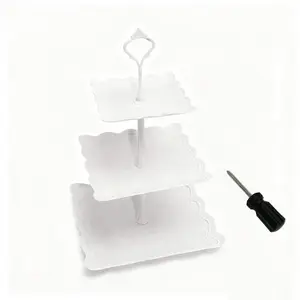 3 Tier Cupcake Stand, Durable Plastic 3 Tier Serving Tray for Cupcake, Fruit, Chocolate, Cookies, Square White Embossed Tiered Tray Stand for Wedding, Baby Shower, Party