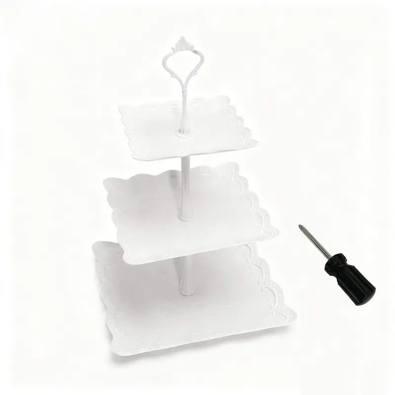 3-Tier Floral Embossed White Durable Plastic Square Cake Display Stand - Stable Interlock, Easy Installation, Wavy Edges, Cupcake Serving Tower, Kitchen Bakeware, Dessert Holder, Ideal for Romantic Celebrations, Upscale Gatherings