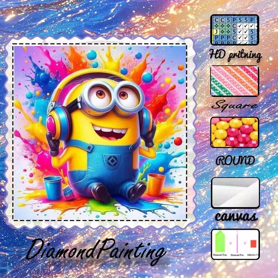 5D-DIY, velvet canvas, diamond art, diamond painting kit, Minions, headphones, Diy craft supplies, color background AB diamonds, crystal diamonds, home decor