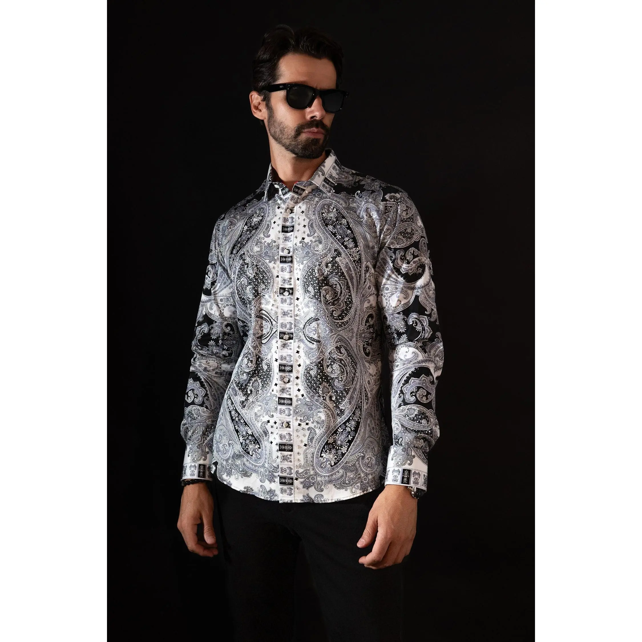 Paisley Rhinestone Long Sleeve Shirt - Cotton Fabric, Collar, Long Sleeves, Original Men's Top Menswear Set Formal Outfit Clothes White
