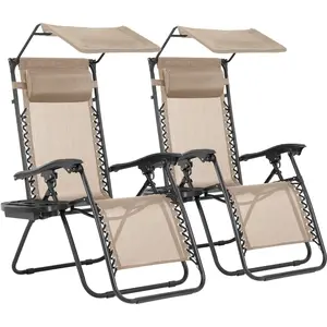 2 PCS Zero Gravity Chair Lounge Chairs Patio Chairs with Canopy Cup Holder for Outdoor Patio Seaside (Tan)Folding chair for lunch break, leisure reclining, lazy beach, balcony, portable chair for lunch break, reclining chair