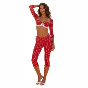 Womens Spring Summer Pants Set Dot Print Ruffled Trim Cami Tops, 3/4 Sleeve Shrug Tops and Capri Pants 3 Pcs Set Clothes Womenswear