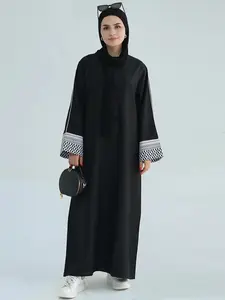 Women's Patchwork Side Striped Zipper Back Long Sleeve Kaftan, Elegant Modest Round Neck Dress for Party Holiday, Birthday Dresses, ?Muslim?Dresses Women, Ladies Fall & Winter Islamic Clothing, Evening Wear