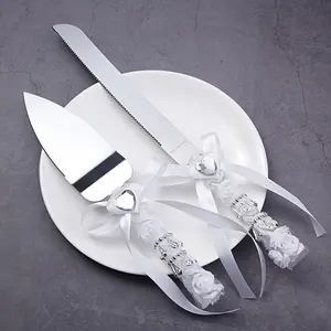 For Weddings, Anniversaries & Valentine's Day, Cake Cutting & Spreading Solution, 2 Pcs Pearl Cake Knife & Spatula Set, Rose Bow Handle, Effortlessly Create Romantic Wedding Ceremony, Wedding Cake Tools