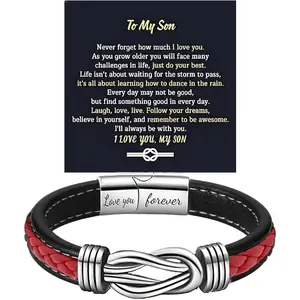 To My Son Infinity Knot Bracelet From Mom, Forever Linked Together Stainless Steel Braided Leather Inspirational Bracelets Engraved Love You Forever Birthday Gift Jewelry