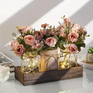 3pcs Mason Jar Centerpiece Table Decorations for Dining Table Decor Farmhouse Coffee Table Decor with Wood Tray And Led Light Table Centerpieces for Dining Room Kitchen Living Bathroom, Christmas Decor, Gift for Women, Christmas Gift