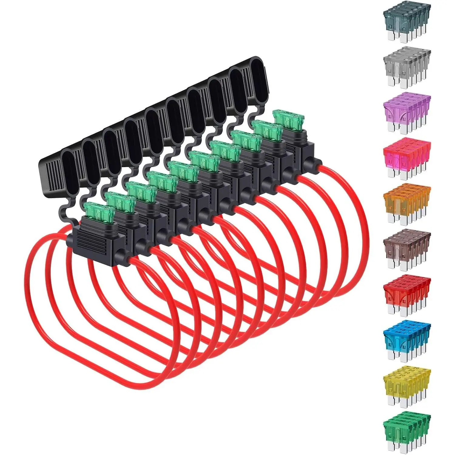 14 Gauge Fuse Holder ATC/ATO,  10 Packs in-Line Automotive Blade Fuse Holder with 50PCS Standard Car Fuses, 1A 2A 3A 4A 5A 7.5A 10A 15A 20A 30A Automotive Replacement Fuses