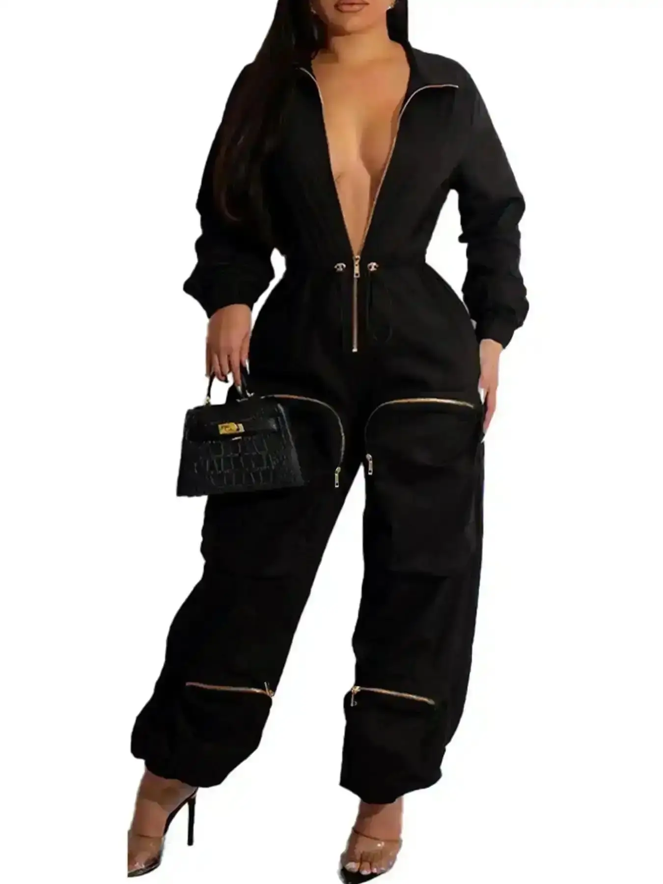 New fashion Women's Drawstring Waist Zip Up Cargo Jumpsuit, Minimalist Pocket Collared Overalls Long Sleeve Casual, One Piece, Versatile, Comfort, Wear, Style, Outfit, Essential, Trendy, Chic, Elegant