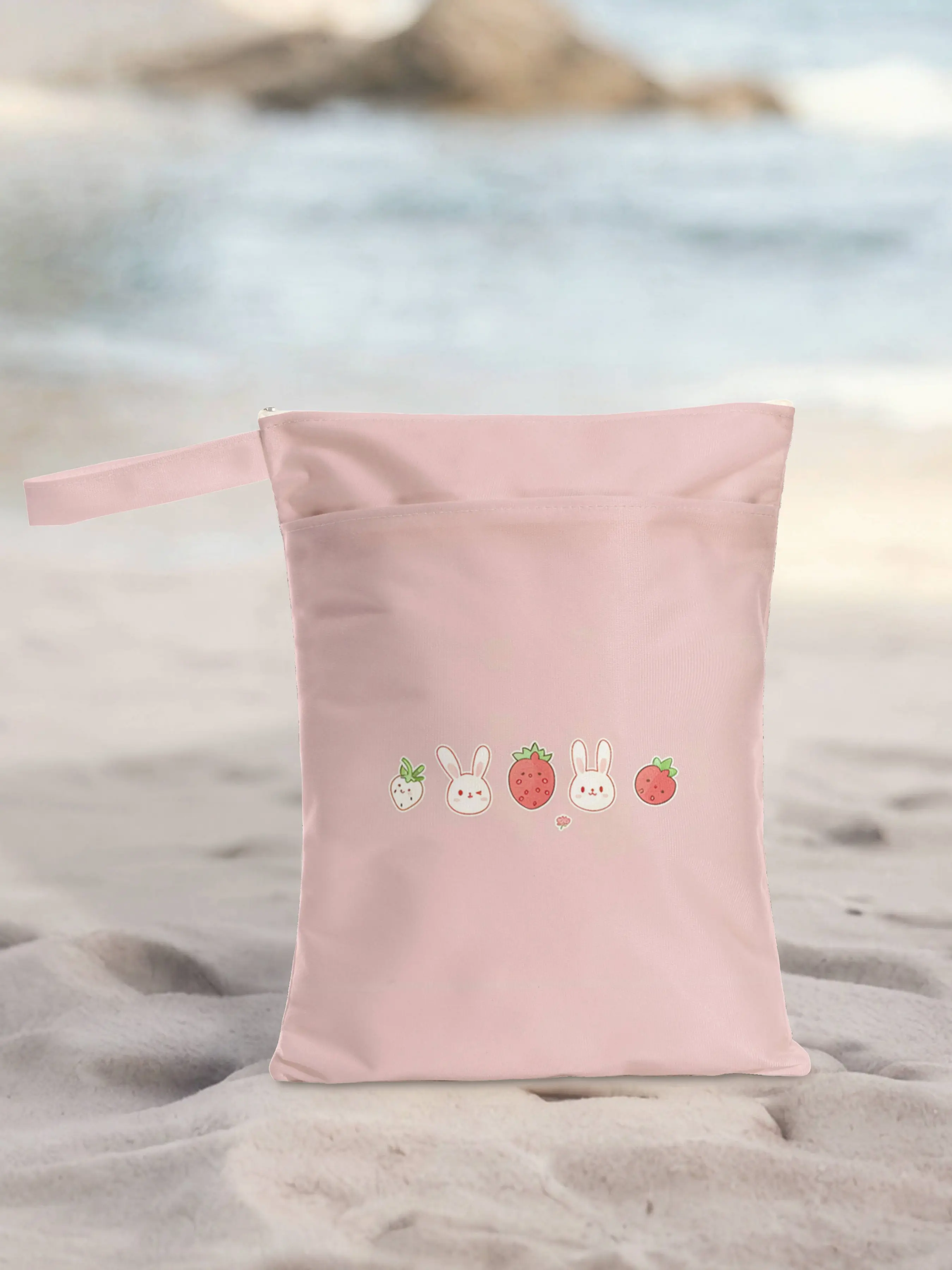 Reusable Rabbit Strawberry Print Women's Tote Bag, Wet Dry Separable Beach Pool Bag, Casual All Season Storage Diaper Bag