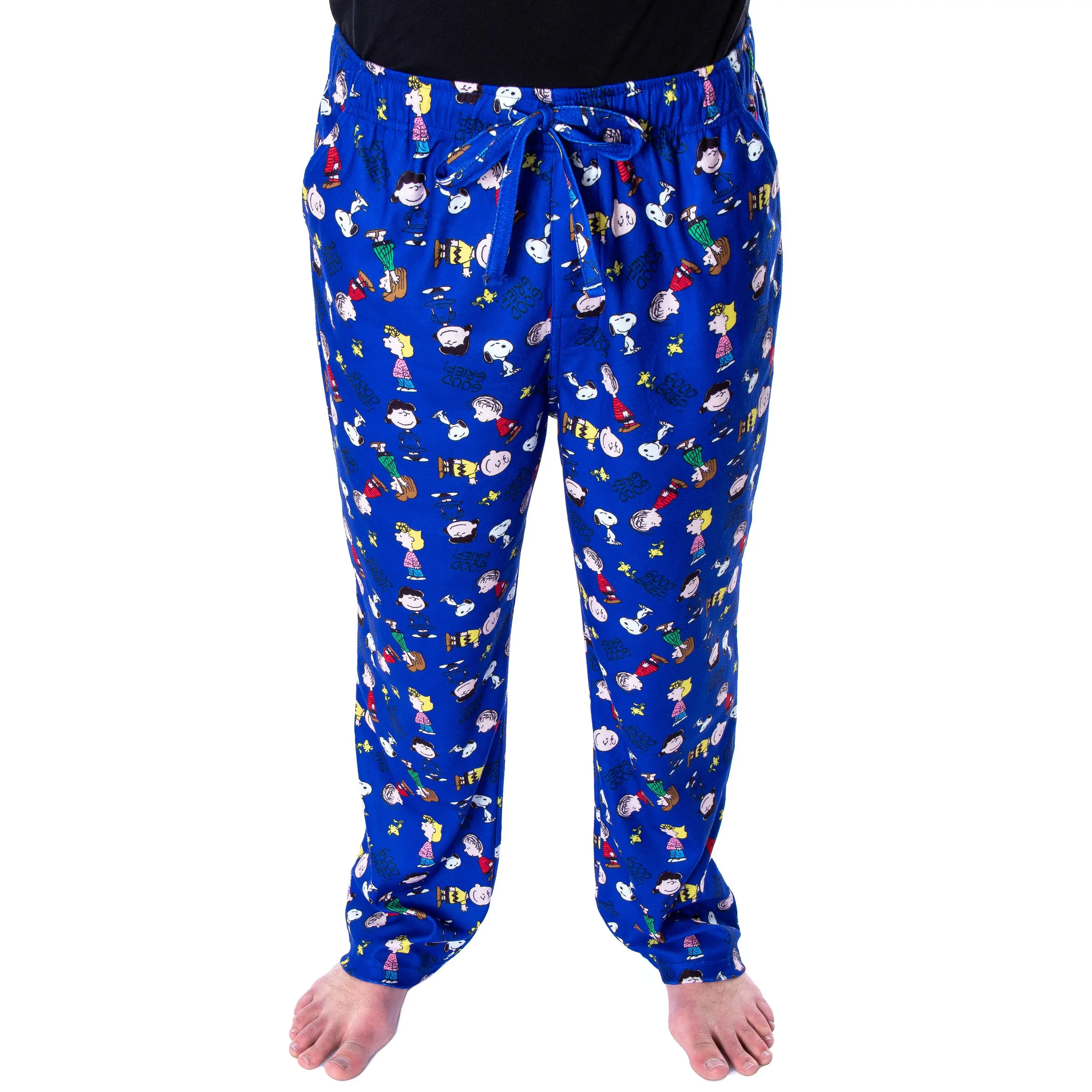 PJammy Men's Peanuts Pajama Pants, Smooth Polyester "Good Grief" Loungewear with Allover Character Pattern, Stretch Nightwear for Men and Women, Fabric, Menswear, Apparel