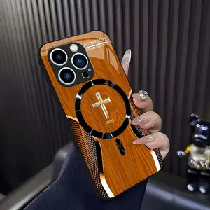 Luxury Wood Grain MagSafe phone case Carbon Fiber Texture Golden Cross Emblem for [iPhone 15 Pro Max] 952