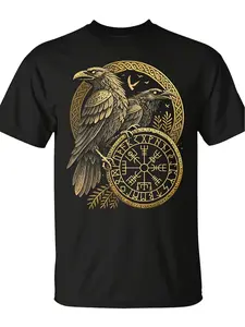 Norse Rune Huginn And Muninn Celtic Viking Compass Vegvisir T Shirt Seseable Same Style for Men And Women Short Sleeved Printed T Shirt 180G 2026Retro Style Sports Fitness Leisure Multifunctional Breathable Sweat Absorbing Comfortable