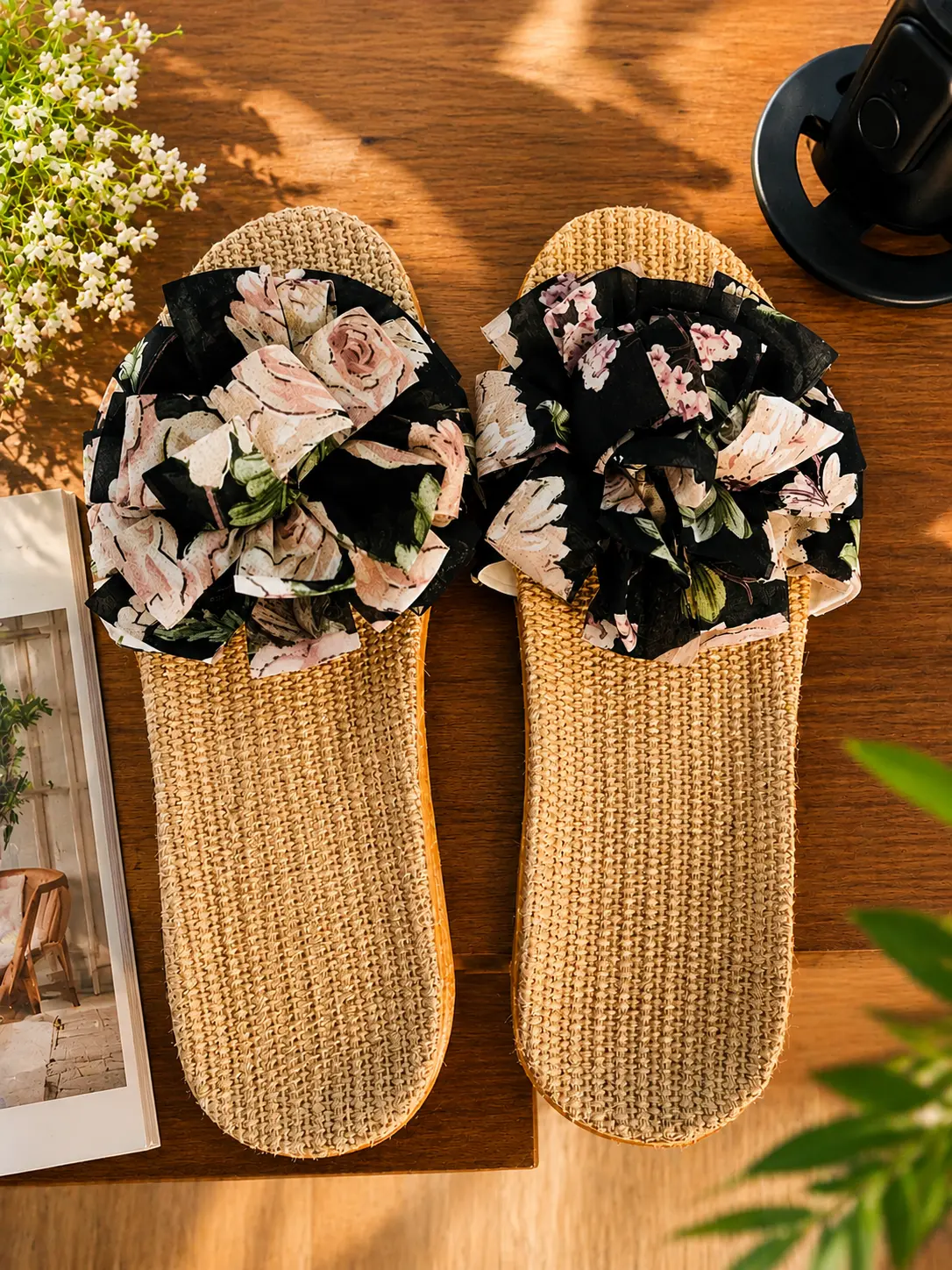 Women's Floral Slide-On Slippers with Oversized Bow - Lightweight, Comfortable, Classic Elegant Casual Footwear for Party, Indoor/Outdoor Use, Fits US Women’s 6.5-7.5