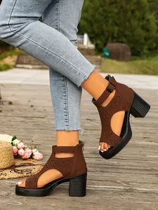 Women's Hollow Out T-Strap Chunky Heel Sandals, Waterproof Platform Buckle High Heel Roman Shoes, Summer Outerwear Slimming Versatile Office Shoes Footwear
