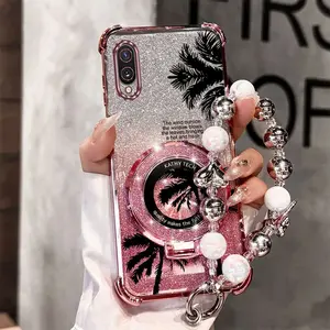 M02 Black Coconut Tree PC Fashion Strap Lanyard Phone Holder Case with Shockproof Cover Compatible with For Samsung Galaxy M02