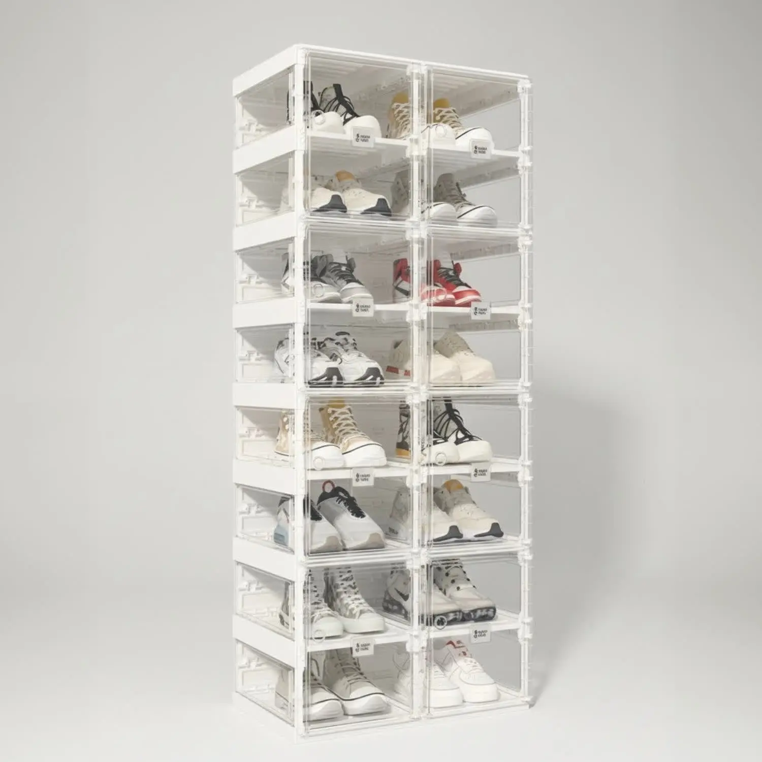 ANTBOX 8 Tier Double Column Shoe Storage Box with Magnetic Clear Door & Transparent Side Panels, Stackable Foldable Sneaker Organizer for Closet & Entryway, Large Capacity Shoe Storage System for Family Home Organization