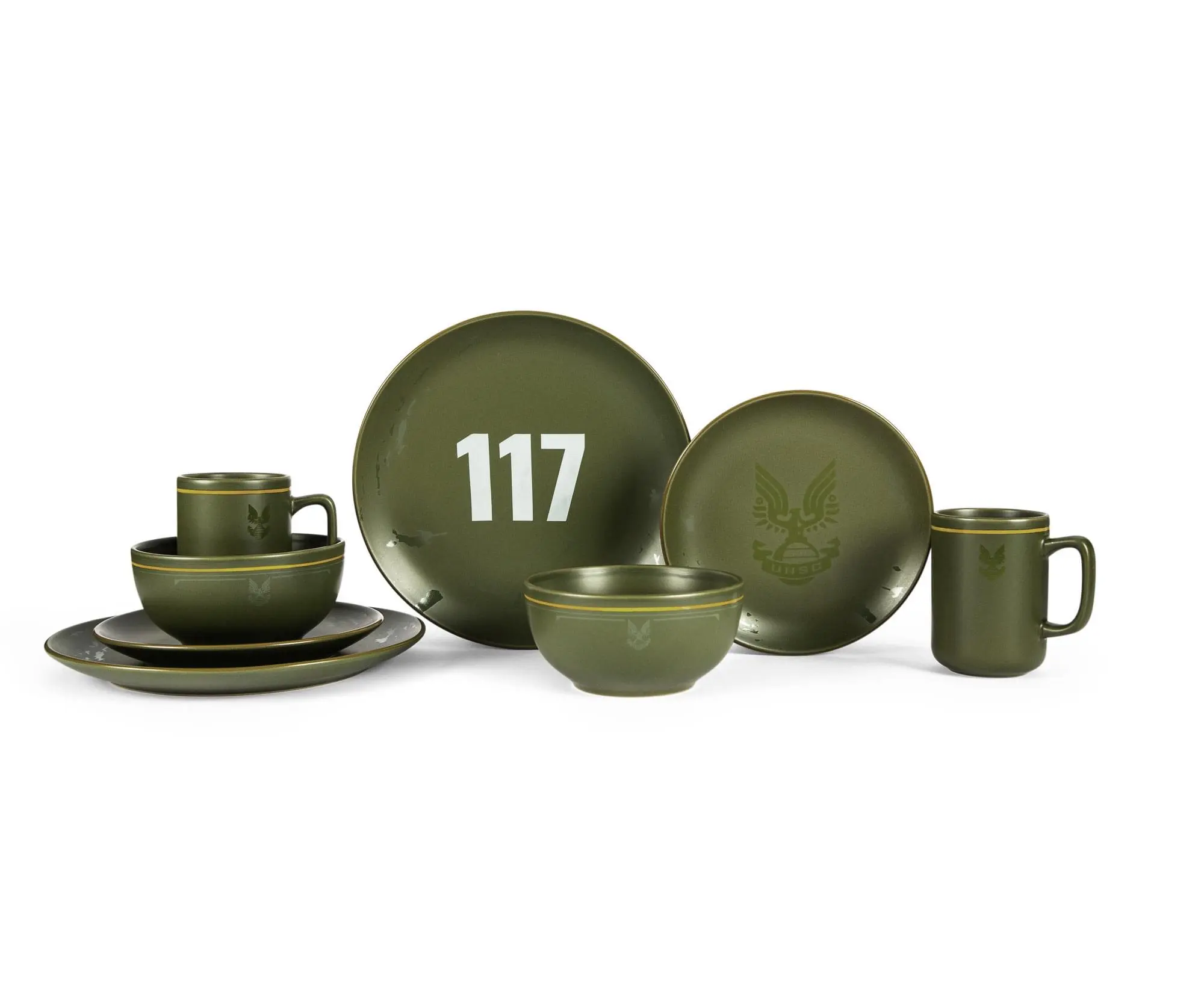 HALO Theme Master Chief 117 Stoneware 8-Piece Dinnerware Service Set - Stoneware Dishware Set, Tableware (Plates, Bowls, Mugs), Master Chief Logo
