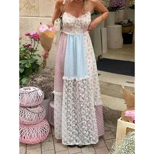 Women's Flowy Dresses Summer Elegant Print Lace Patchwork Long Dress Halter Backless Sleeveless Dress Cute Maxi Beach Bohemian
