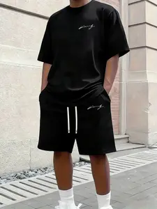 Men's 2-Piece Set Letter Pattern Print Round Neck T-Shirt Casual Top + Outdoor Sports Drawstring Shorts, Summer Leisure