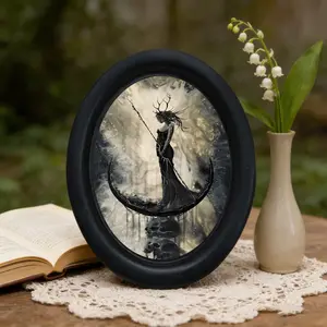 Dark Gothic Moon Goddess Skull Wall Art, Oval Frame Hanging Decor, Witch Theme Home Ornament, Perfect for Halloween and Christmas