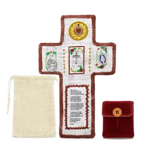 Handmade Catholic Prayer Pocket – Sacred Heart & Virgin Mary Crucifix with Prayer Card | Vintage Fabric Travel Blessing Bag for Home Altar, Hospital Visits, Gift for Mom & Grandma | Religious Comfort, Healing Faith, Spiritual Communion | Drawstring Sack