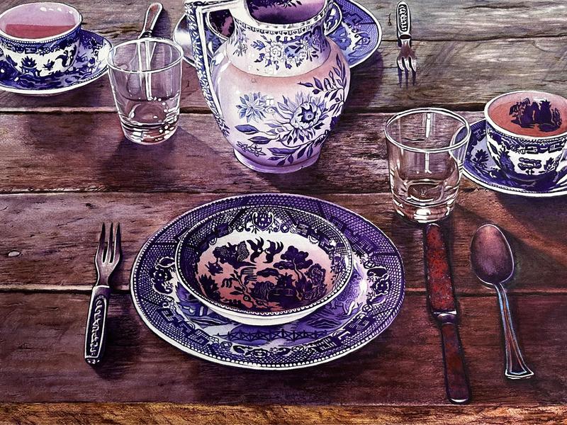 The Table Is Set Watercolor Painting - Framed Artwork Featuring a Wooden Table with Blue and White Dishes and Utensils