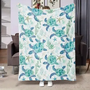 Watercolor Sea Turtle Flannel Blanket 2D Print Soft Cozy Home Decor Ocean-Themed Accessory for Sofa Bed Gift