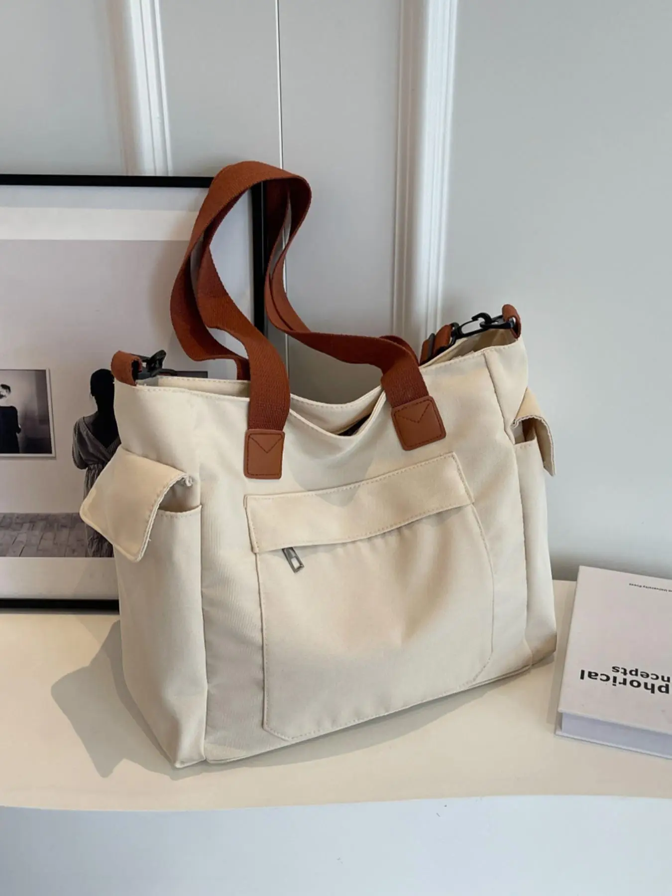 Women's 1 Piece Simple Design Casual Colorblock Tote Bag, Minimalist Pocket Design Large Capacity Tote Bag with Adjustable Strap For Work & Daily Used